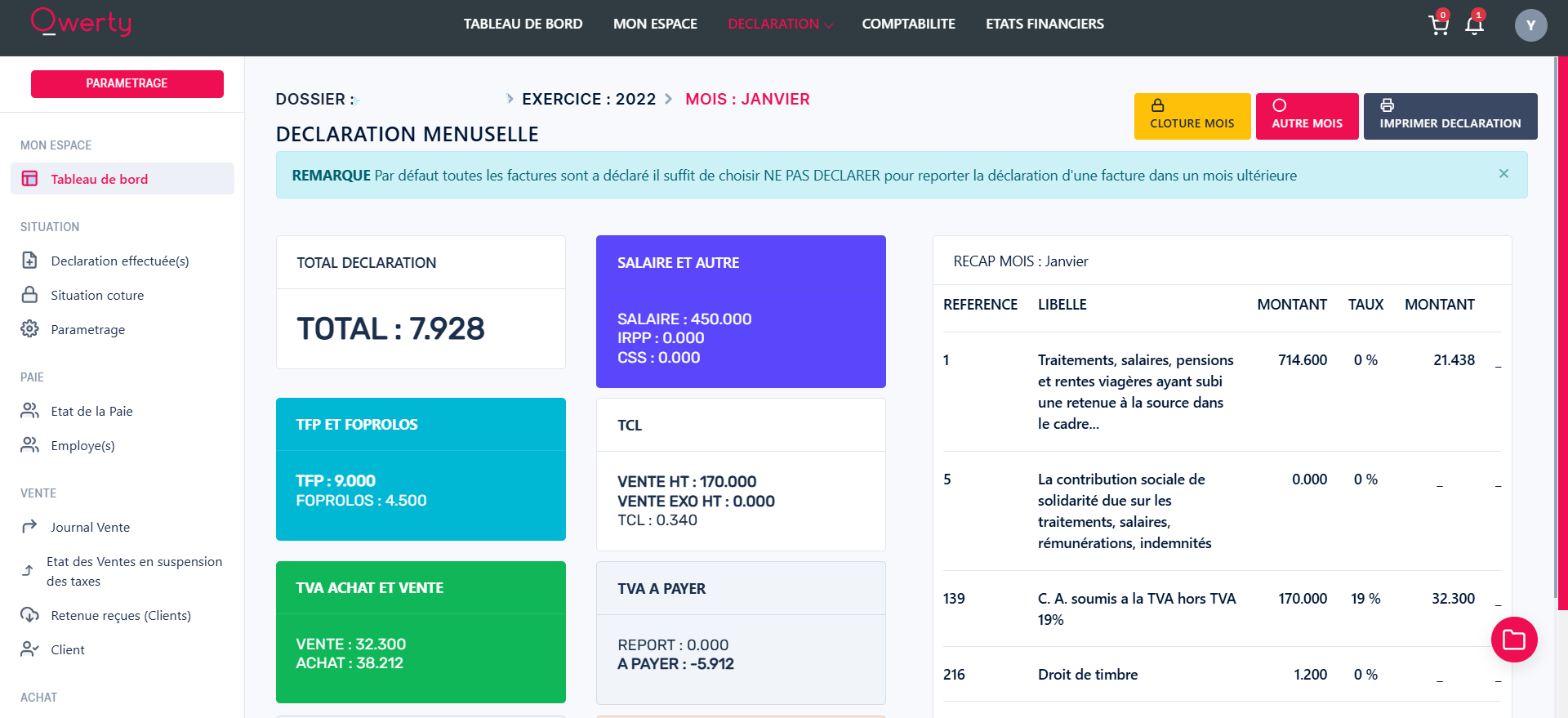 Déclaration mensuelle Qwerty : TVA, retenues et récapitulatif du mois